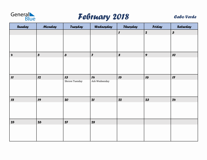 February 2018 Calendar with Holidays in Cabo Verde