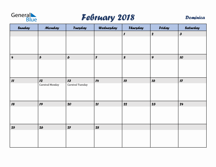 February 2018 Calendar with Holidays in Dominica