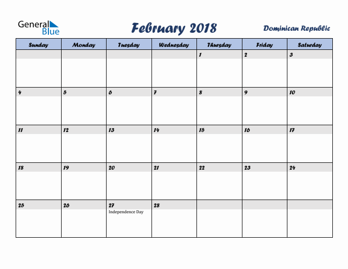 February 2018 Calendar with Holidays in Dominican Republic