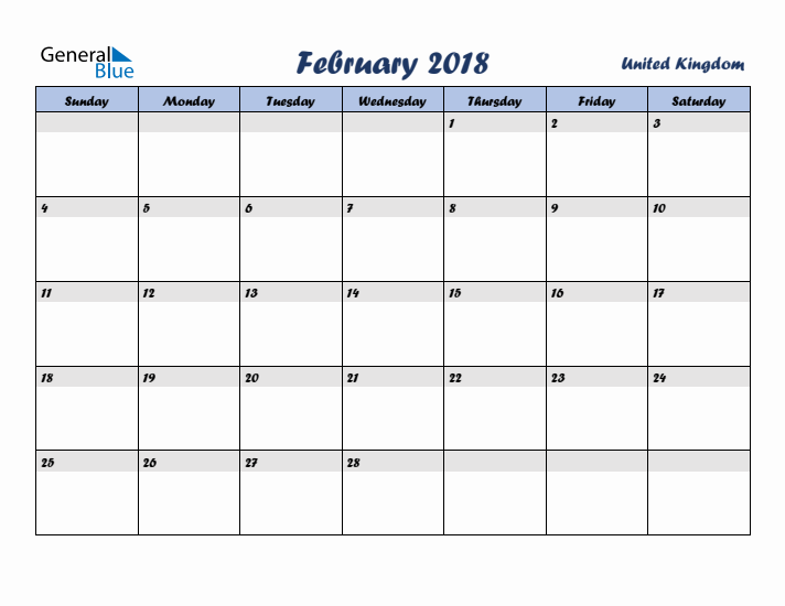 February 2018 Calendar with Holidays in United Kingdom