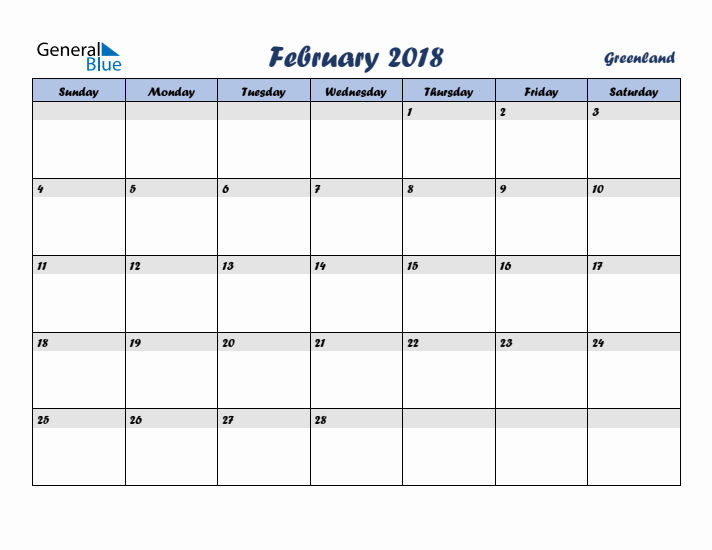 February 2018 Calendar with Holidays in Greenland