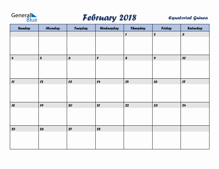 February 2018 Calendar with Holidays in Equatorial Guinea