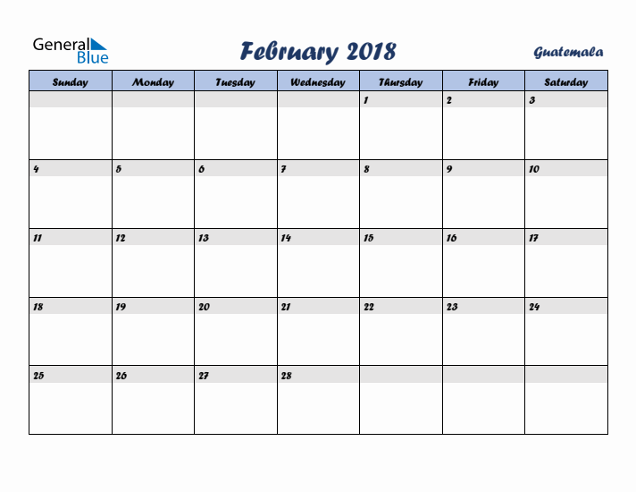 February 2018 Calendar with Holidays in Guatemala