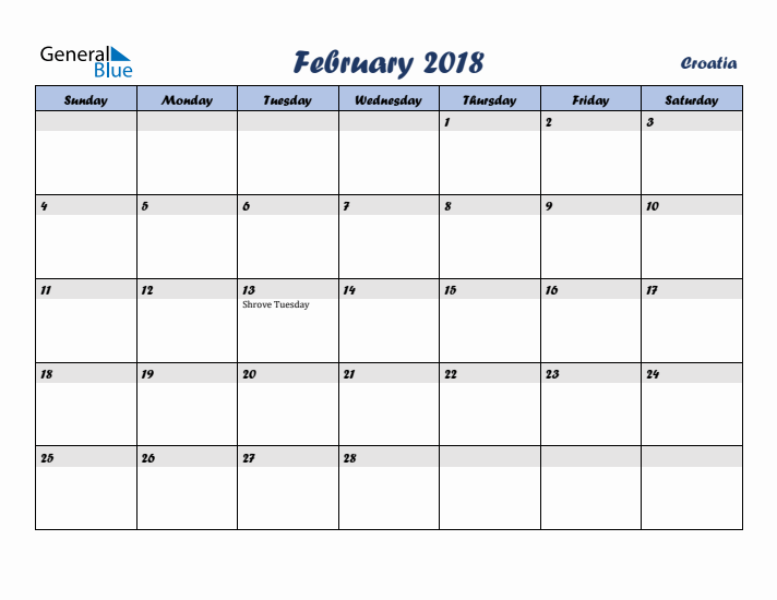 February 2018 Calendar with Holidays in Croatia