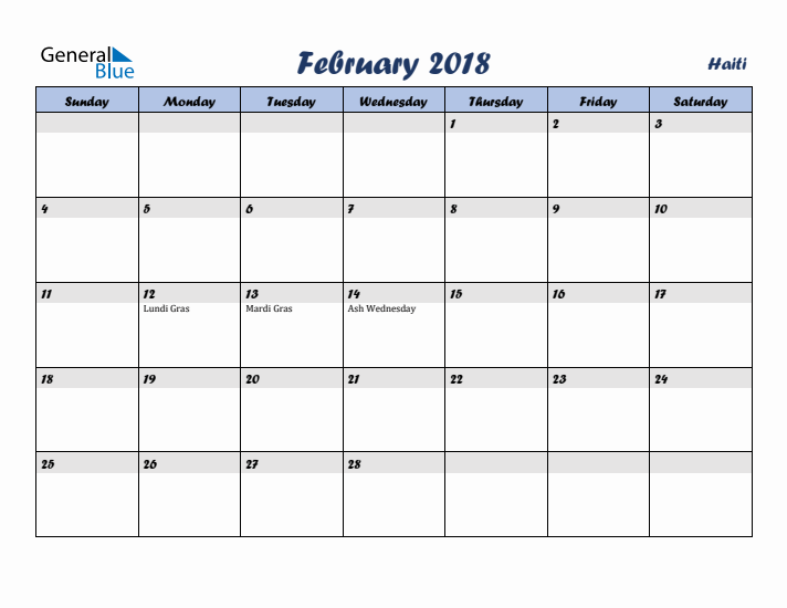February 2018 Calendar with Holidays in Haiti