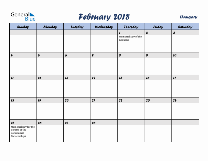February 2018 Calendar with Holidays in Hungary