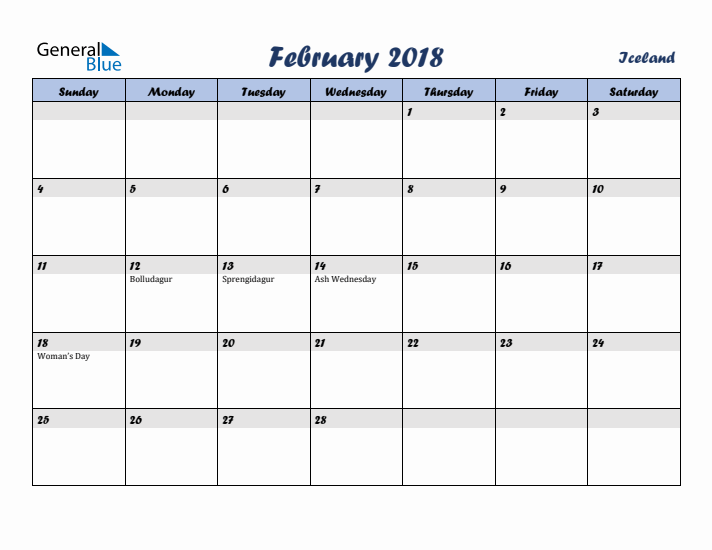 February 2018 Calendar with Holidays in Iceland