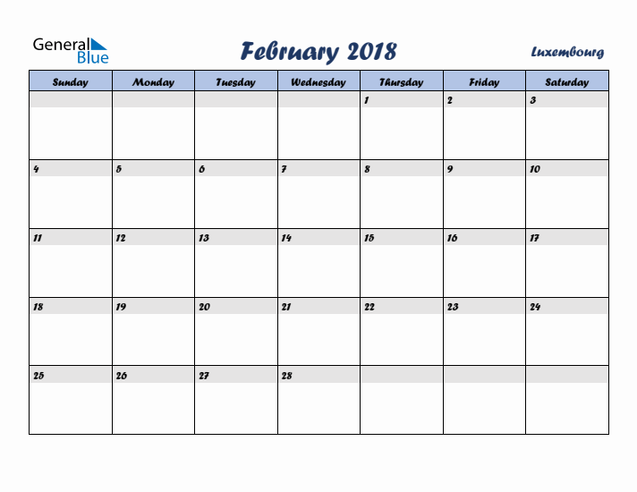 February 2018 Calendar with Holidays in Luxembourg