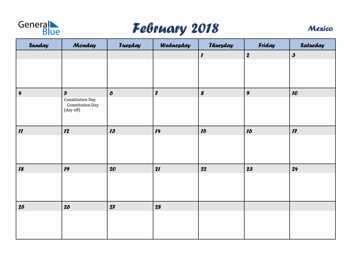 February 2018 Calendar with Holidays in Mexico