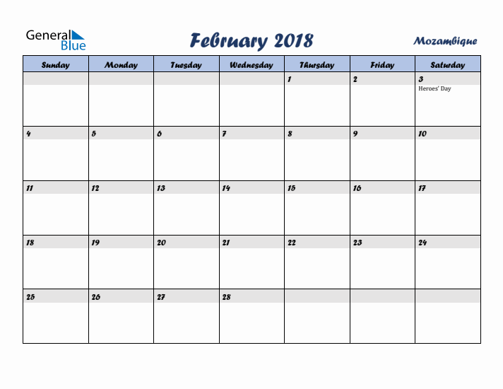 February 2018 Calendar with Holidays in Mozambique