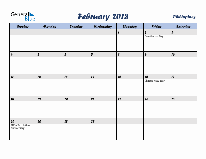 February 2018 Calendar with Holidays in Philippines