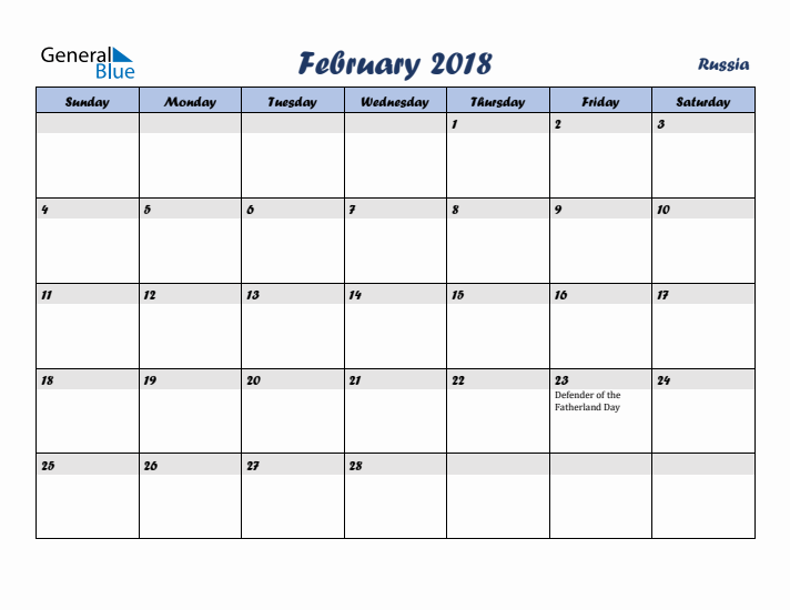 February 2018 Calendar with Holidays in Russia