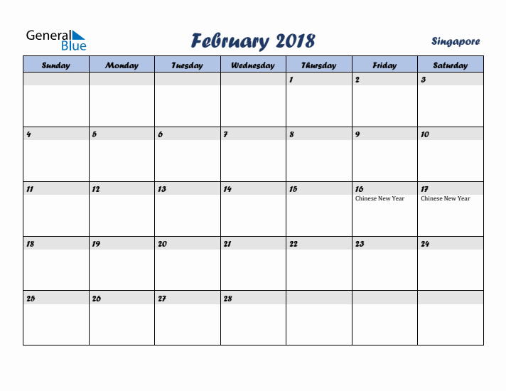 February 2018 Calendar with Holidays in Singapore