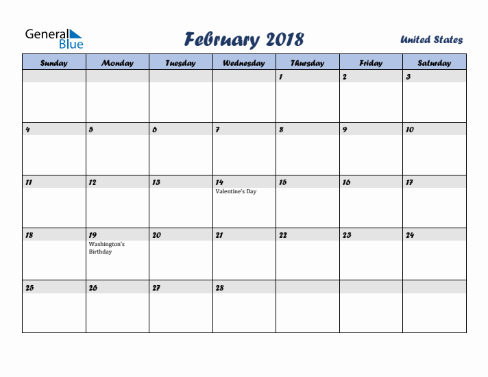 February 2018 Calendar with Holidays in United States
