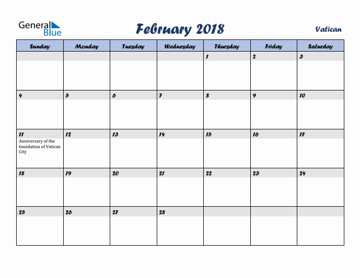 February 2018 Calendar with Holidays in Vatican