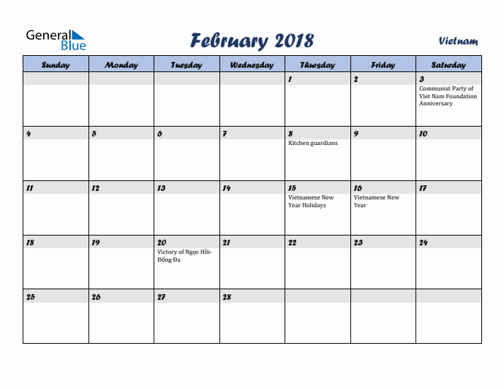 February 2018 Calendar with Holidays in Vietnam