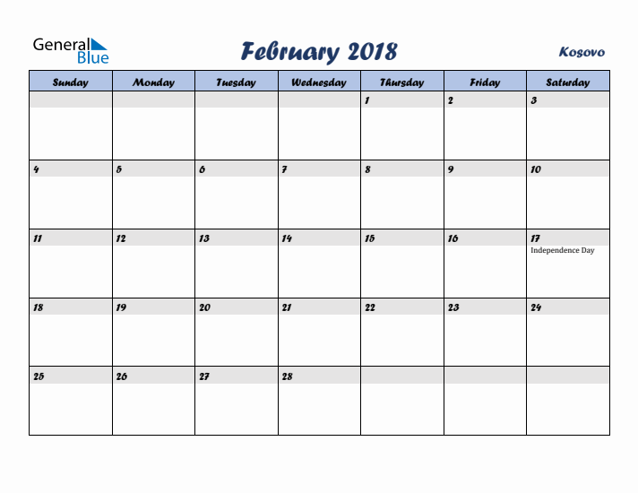 February 2018 Calendar with Holidays in Kosovo