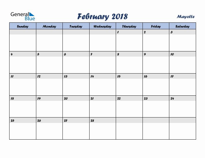 February 2018 Calendar with Holidays in Mayotte