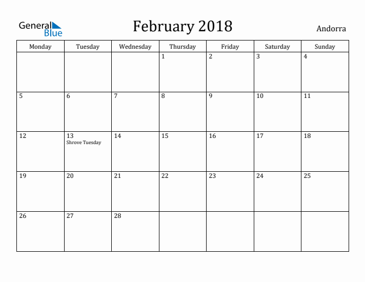 February 2018 Calendar Andorra