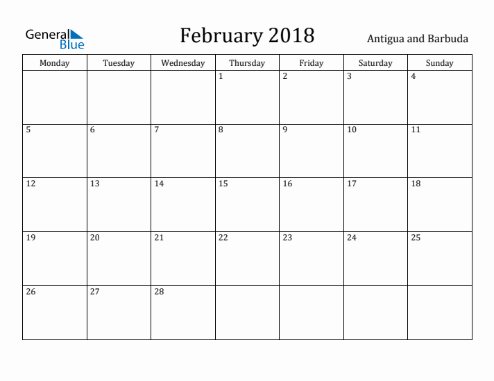 February 2018 Calendar Antigua and Barbuda