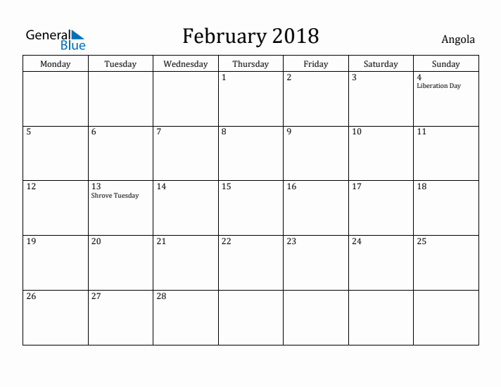 February 2018 Calendar Angola