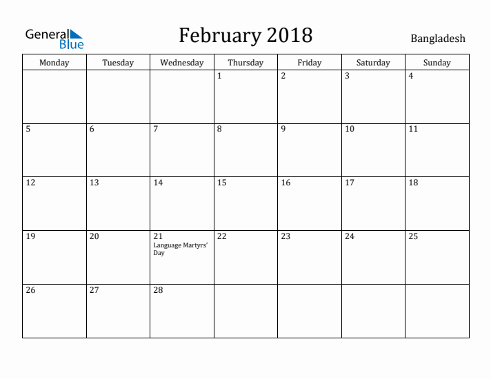 February 2018 Calendar Bangladesh