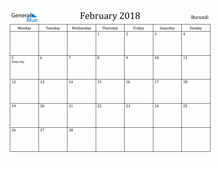 February 2018 Calendar Burundi