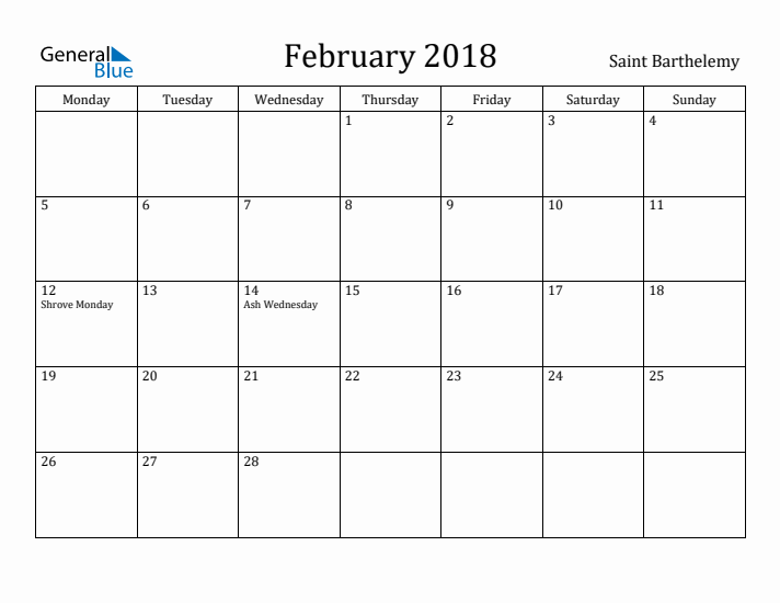 February 2018 Calendar Saint Barthelemy