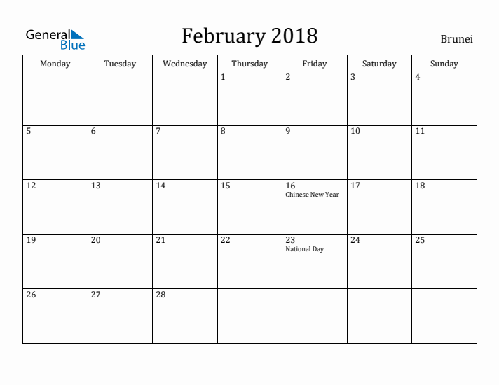 February 2018 Calendar Brunei