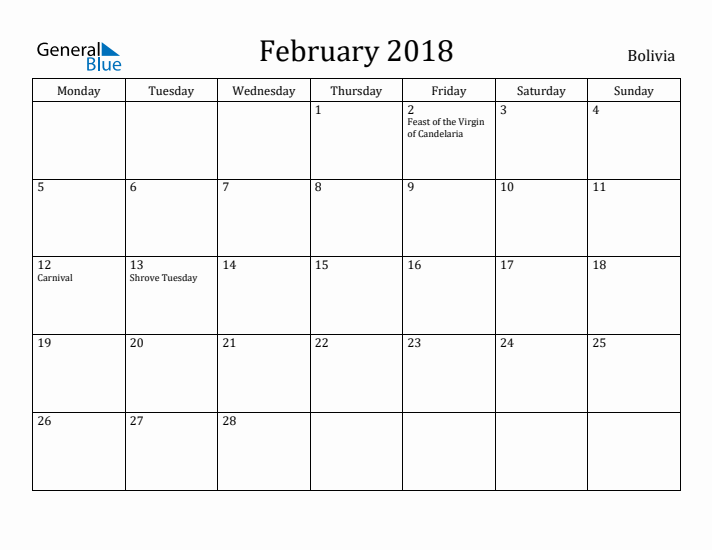 February 2018 Calendar Bolivia