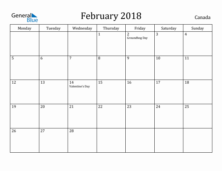 February 2018 Calendar Canada