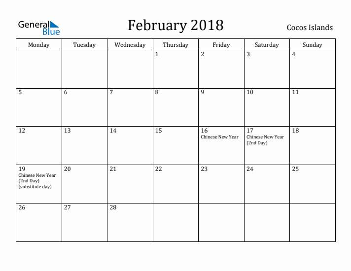 February 2018 Calendar Cocos Islands