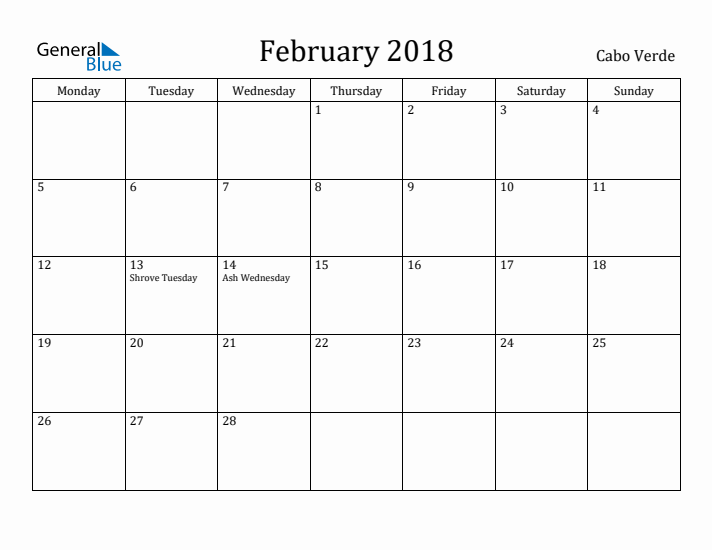 February 2018 Calendar Cabo Verde