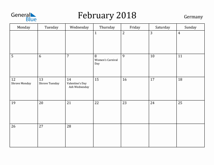 February 2018 Calendar Germany
