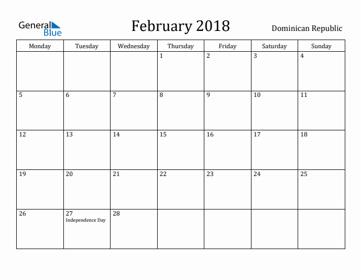 February 2018 Calendar Dominican Republic