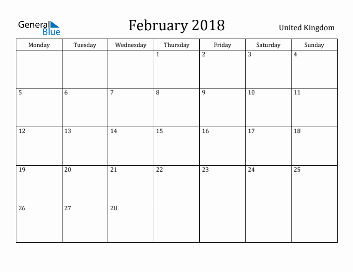 February 2018 Calendar United Kingdom