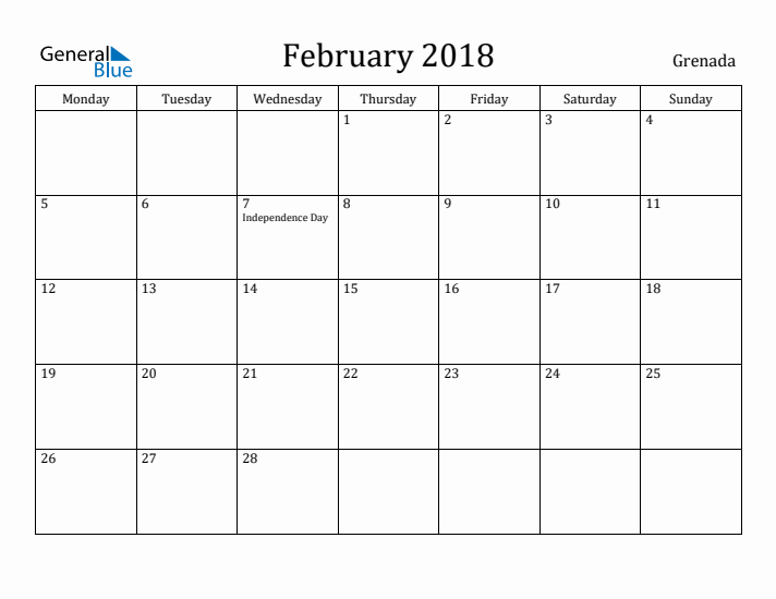 February 2018 Calendar Grenada
