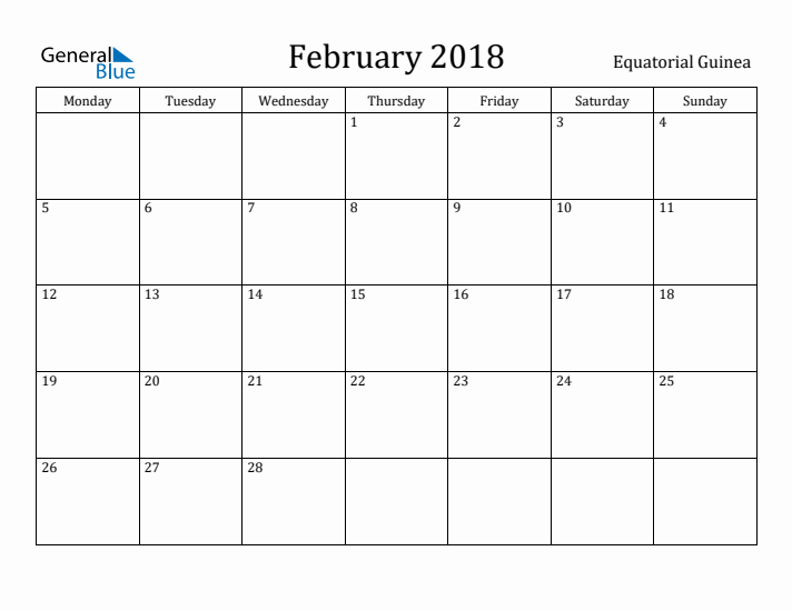 February 2018 Calendar Equatorial Guinea