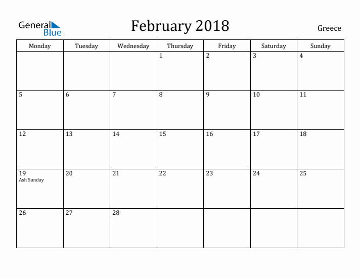 February 2018 Calendar Greece