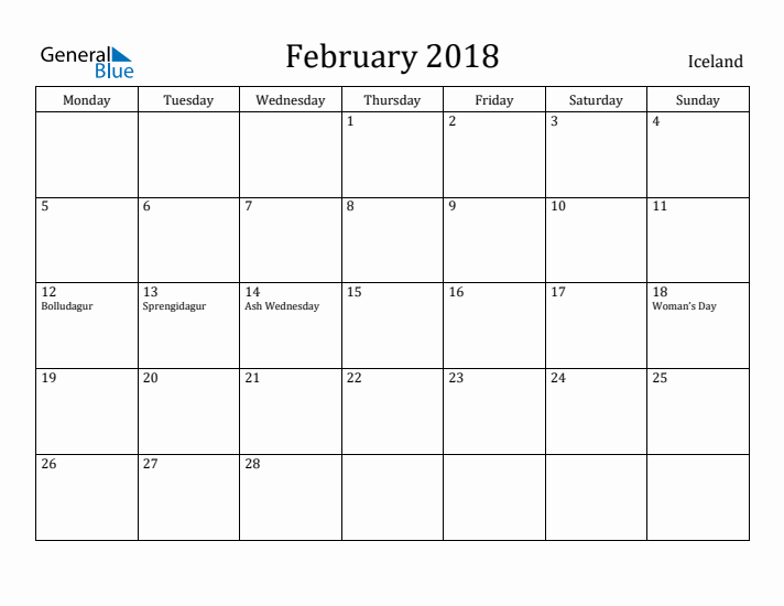 February 2018 Calendar Iceland