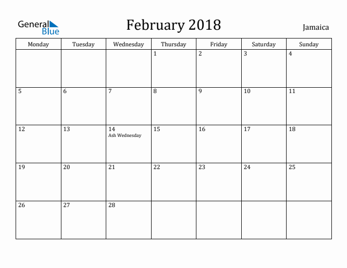 February 2018 Calendar Jamaica