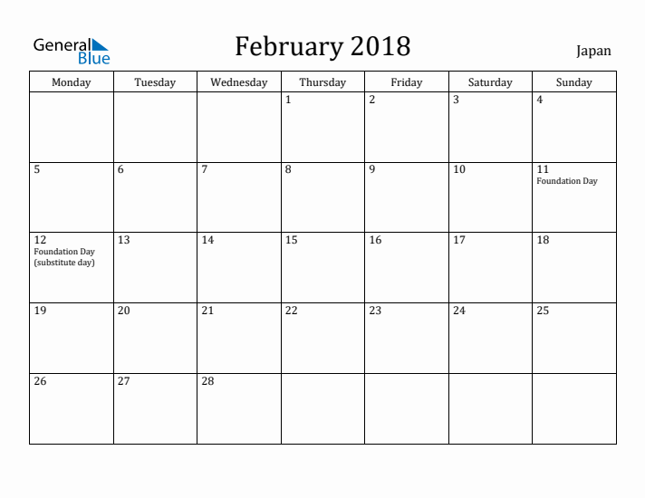 February 2018 Calendar Japan
