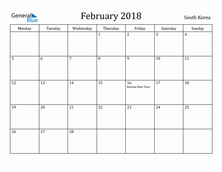 February 2018 Calendar South Korea