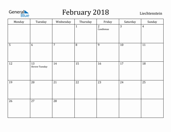 February 2018 Calendar Liechtenstein