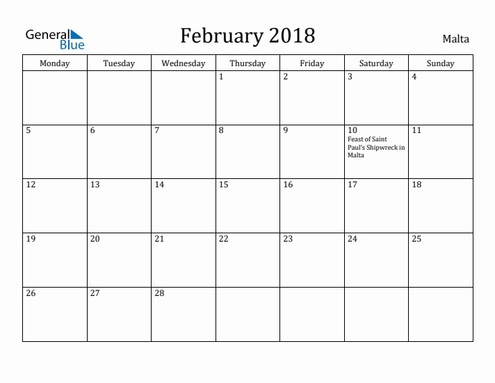 February 2018 Calendar Malta