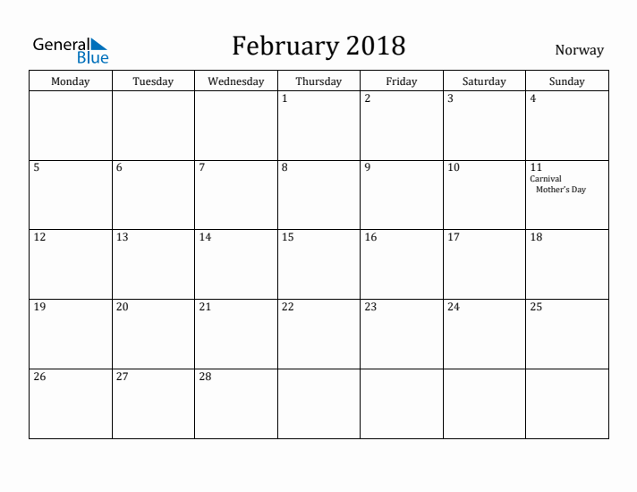 February 2018 Calendar Norway