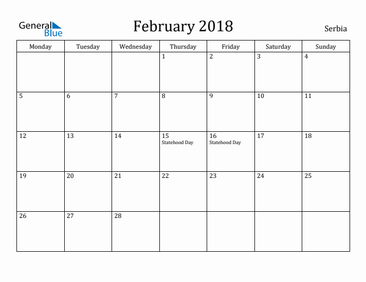 February 2018 Calendar Serbia