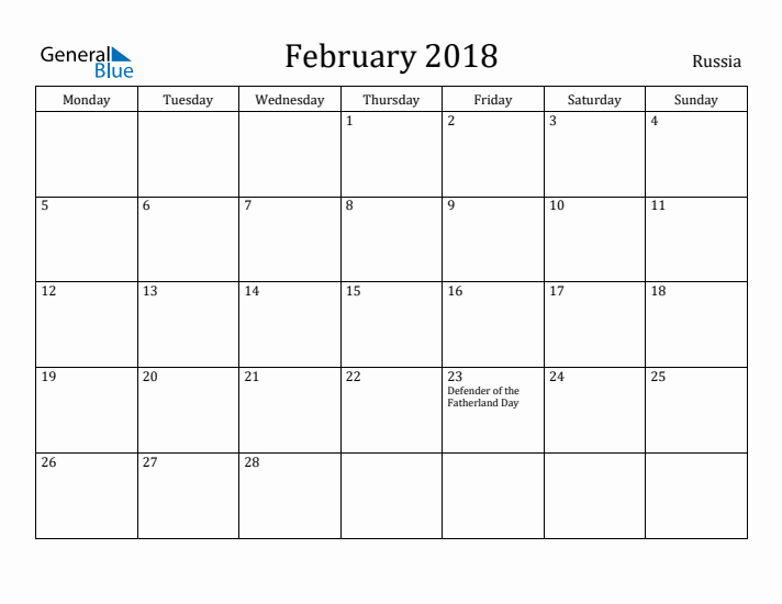 February 2018 Calendar Russia