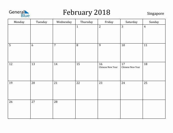February 2018 Calendar Singapore