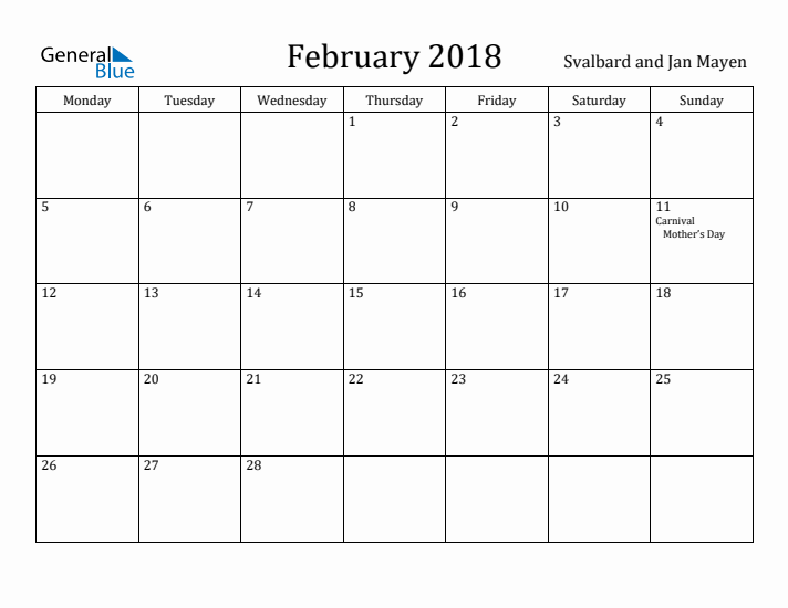 February 2018 Calendar Svalbard and Jan Mayen